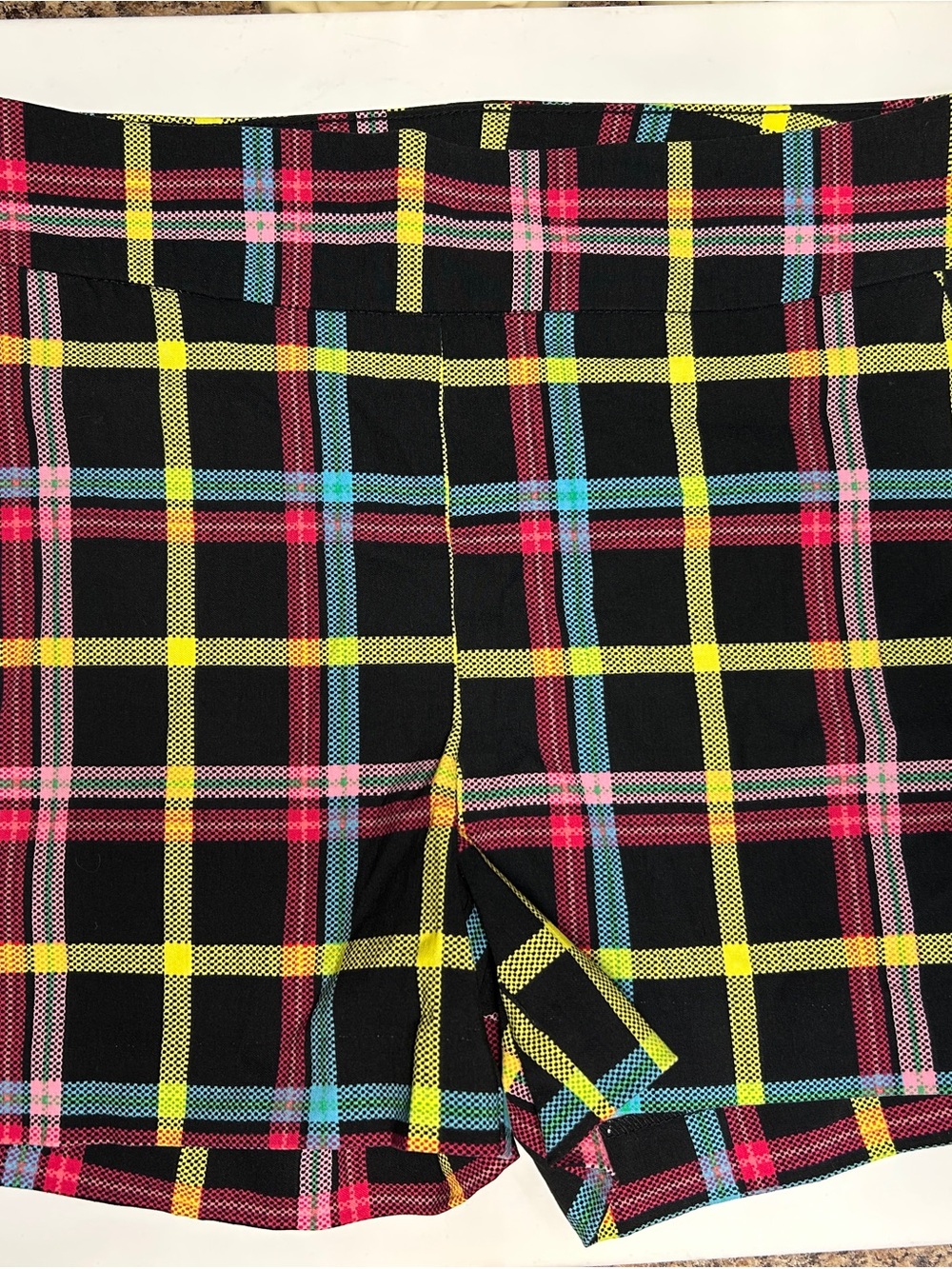 New York & Company Black Plaid Shorts with Yellow Pink and Blue Stripes